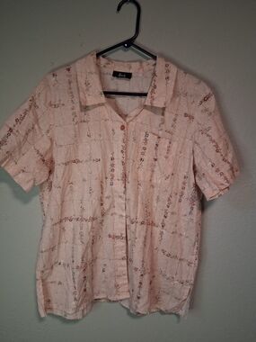 Vintage Tapestry Pink Floral Button Up Shirt Women’s XL Cottagecore Short Sleeve